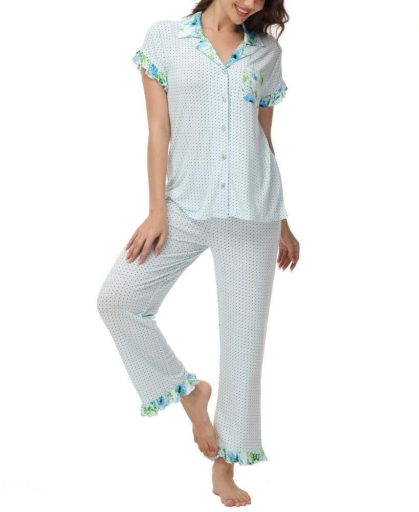 C. Wonder Women's Printed Notch Collar Short Sleeve with Ruffle and Pants 2 Pc. Pajama Set