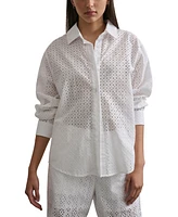 Dkny Jeans Women's Eyelet Long-Sleeve Button-Front Blouse - Wht