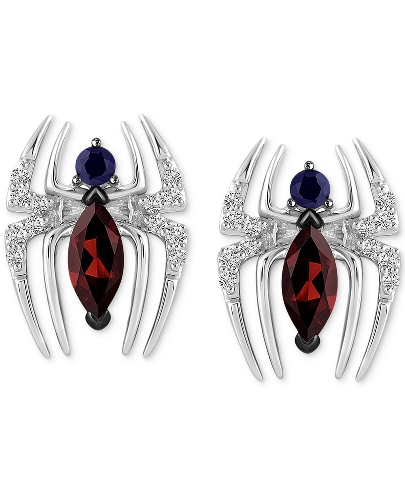 Wonder Fine Jewelry Garnet (1/2 ct. t.w.) Sapphire (1/8 ct. t.w.) & Diamond (1/10 ct. t.w.) Spiderman Stud Earrings in Sterling Silver