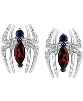 Wonder Fine Jewelry Garnet (1/2 ct. t.w.) Sapphire (1/8 ct. t.w.) & Diamond (1/10 ct. t.w.) Spiderman Stud Earrings in Sterling Silver