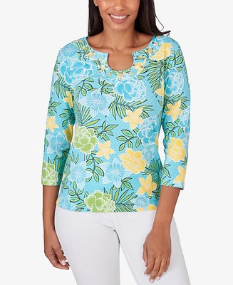 Ruby Rd. Petite Embellished Horseshoe Neck Floral Top