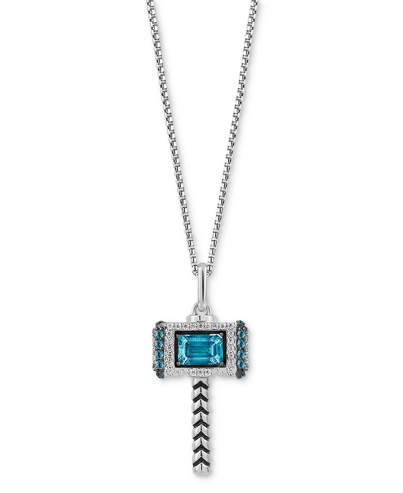 Marvel Wonder Fine Jewelry Swiss Blue Topaz (1-1/4 ct. t.w.) & Diamond (1/5 ct. t.w.) Thor Hammer 18" Pendant Necklace in Sterling Silver