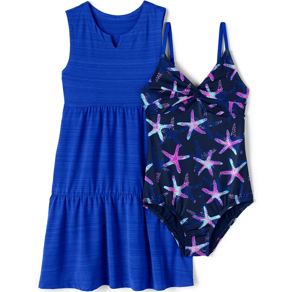 Lands' End Girls Chlorine Resistant Twist Front One Piece Swimsuit Upf Dress Coverup Set