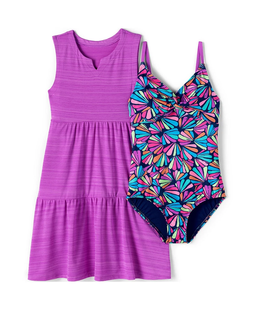 Lands' End Girls Chlorine Resistant Twist Front One Piece Swimsuit Upf Dress Coverup Set