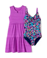 Lands' End Girls Chlorine Resistant Twist Front One Piece Swimsuit Upf Dress Coverup Set