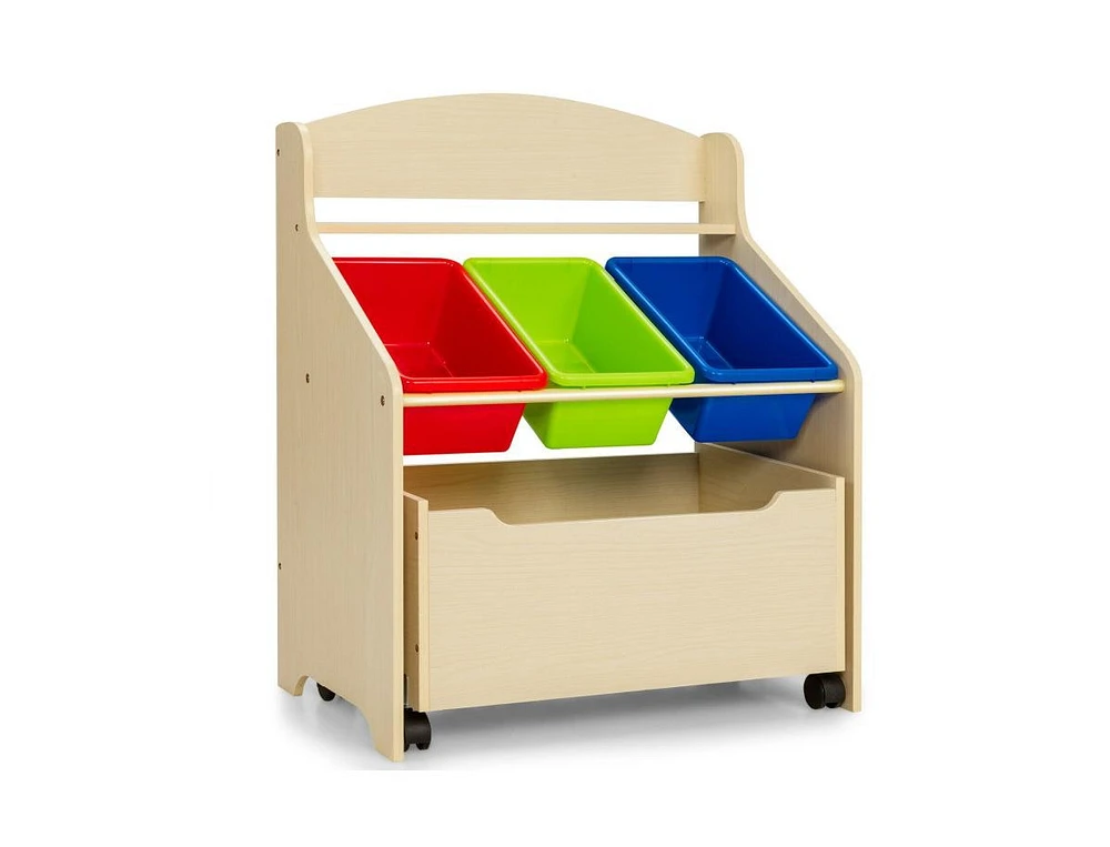 Kids Wooden Toy Storage Unit Organizer with Rolling Toy Box and Plastic Bins-Natural