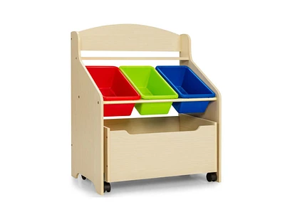 Kids Wooden Toy Storage Unit Organizer with Rolling Toy Box and Plastic Bins-Natural