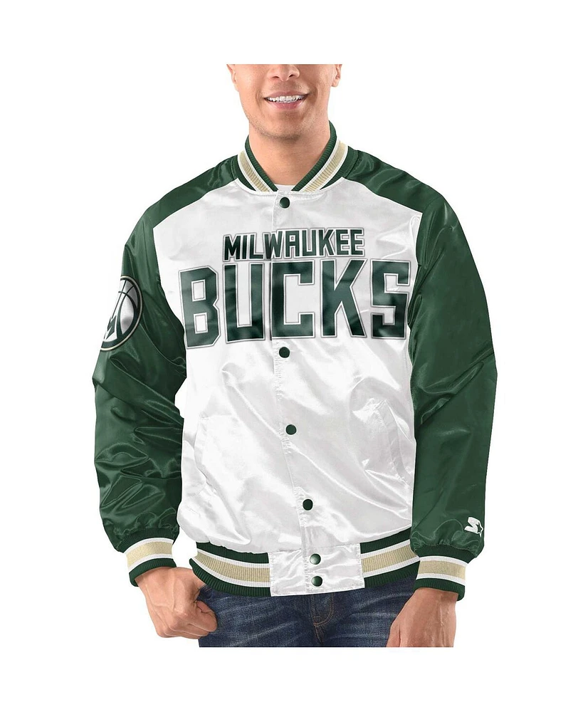 Men's Starter White, Hunter Green Milwaukee Bucks Renegade Satin Full-Snap Varsity Jacket