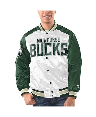 Men's Starter White, Hunter Green Milwaukee Bucks Renegade Satin Full-Snap Varsity Jacket
