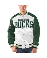 Men's Starter White, Hunter Green Milwaukee Bucks Renegade Satin Full-Snap Varsity Jacket