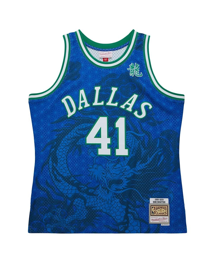 Men's Mitchell & Ness Dirk Nowitzki Blue Dallas Mavericks 1998-2019 Hardwood Classics Asian Heritage 6.0 Swingman Throwback Player Jersey