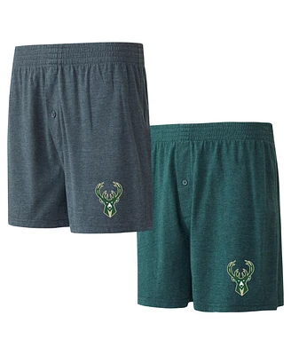 Men's Concepts Sport Hunter Green, Charcoal Milwaukee Bucks Two-Pack Jersey-Knit Boxer Set