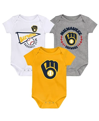 Baby Boys and Girls Gold, White, Heather Gray Milwaukee Brewers Biggest Little Fan 3-Pack Bodysuit Set