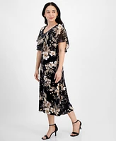 Connected Petite V-Neck Floral Cape Midi Dress