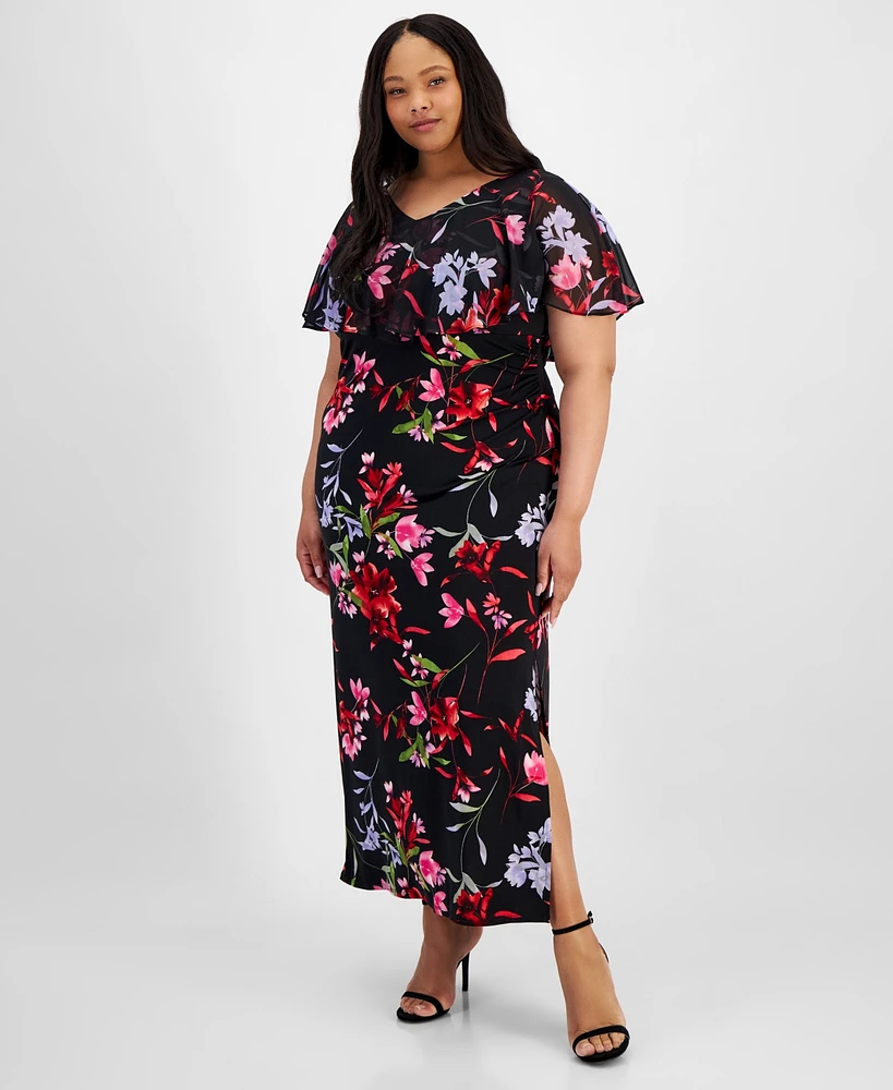 Connected Plus V-Neck Floral Cape Maxi Dress