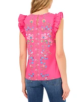 CeCe Women's Floral Print Ruffled Sleeve Crewneck Blouse