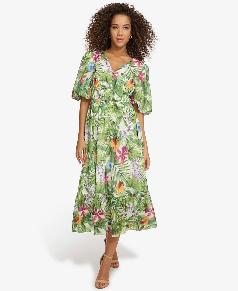 kensie Women's Floral-Print Balloon-Sleeve Maxi Dress