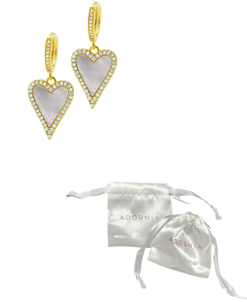 Adornia 14K Gold-Plated White Mother-of-Pearl Crystal Halo Heart Drop Huggie Earrings