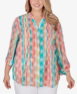 Ruby Rd. Plus Size Woven Silky Gauze Stripe Button Front Top