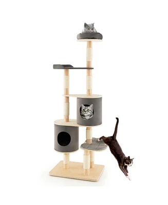 Sugift 6-Tier Wooden Cat Tree with 2 Removeable Condos Platforms and Perch