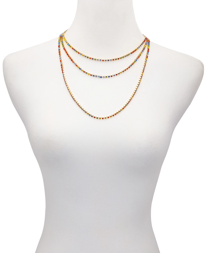 Guess Gold-Tone Multicolor Rhinestone Three-Row Tennis Necklace, 24" + 2" extender