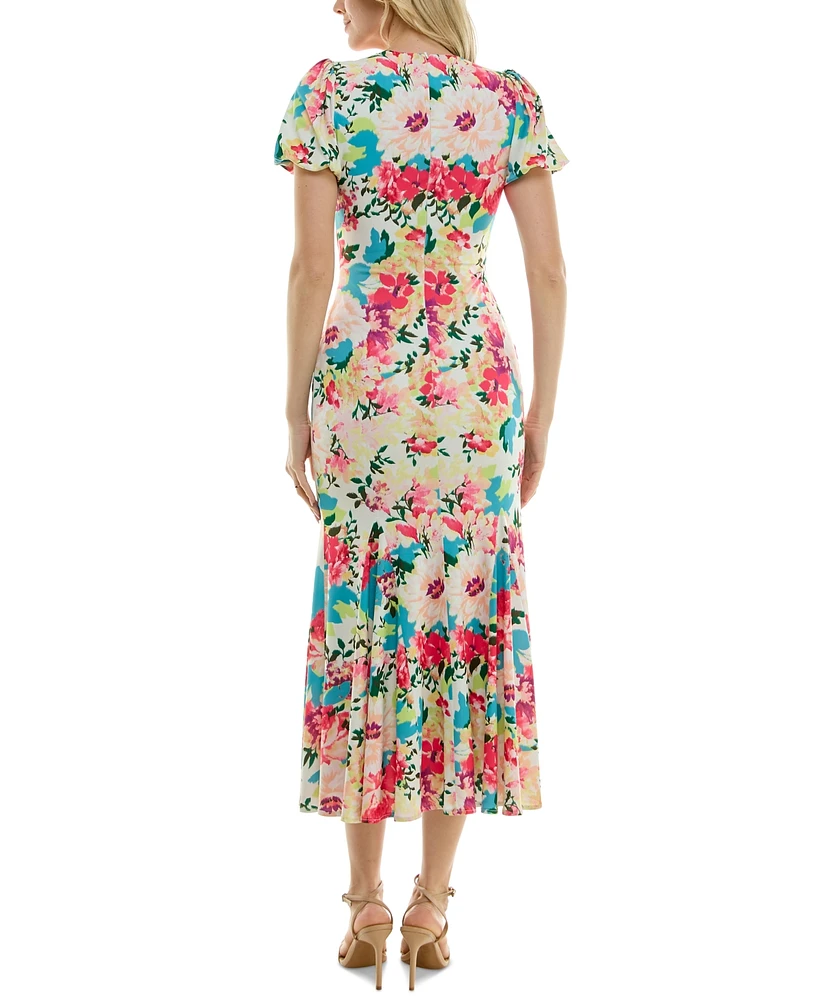 Taylor Women's Printed Keyhole Puff-Sleeve Midi Dress