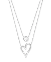 Cubic Zirconia Bezel & Heart Layered Necklace in Sterling Silver, 16" + 2" extender