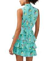 1.state Women's Floral Smocked Sleeveless Mock Neck Tiered Mini Dress