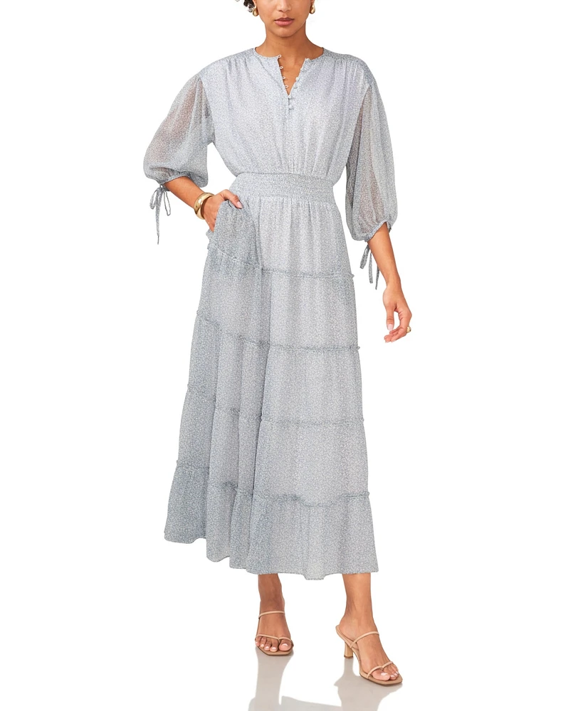 1.state Women's Printed Pintuck 3/4-Sleeve Tiered Maxi Dress