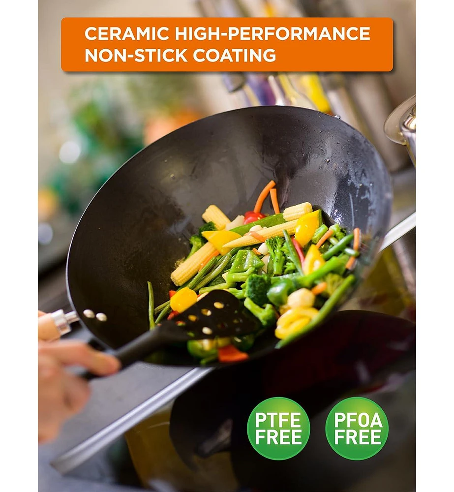 Commercial Chef 12" Carbon Steel Wok with Acacia Wood Handle, Non Stick Stir Fry Pan with Ceramic Coating, Safe for Any Cooktop or Grill, Lighter and
