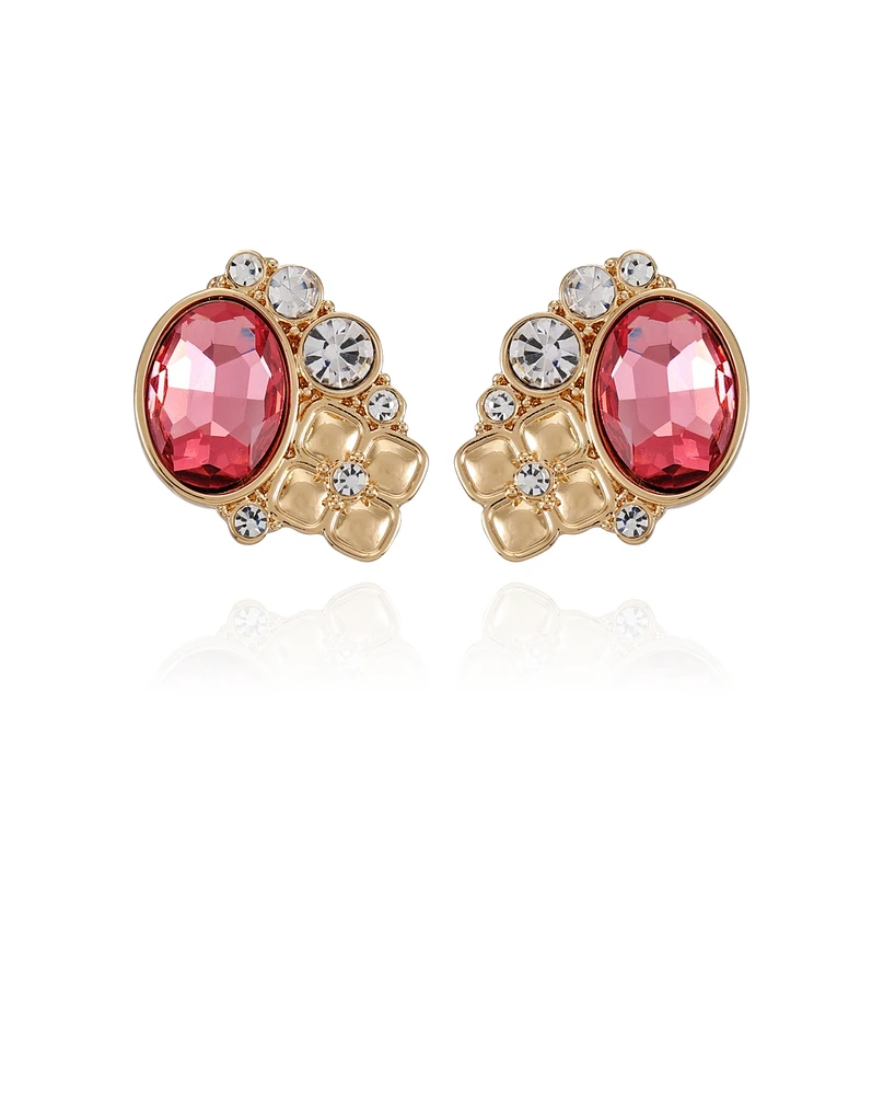 T Tahari Gold-Tone Rose Glass Stone Clip On Earrings