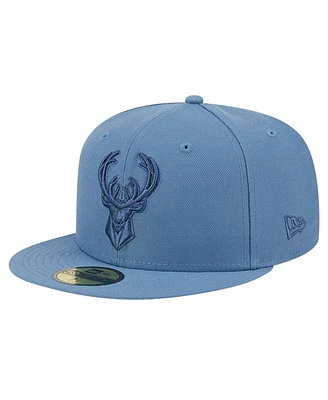 Men's New Era Blue Distressed Milwaukee Bucks Color Pack Faded Tonal 59FIFTY Fitted Hat