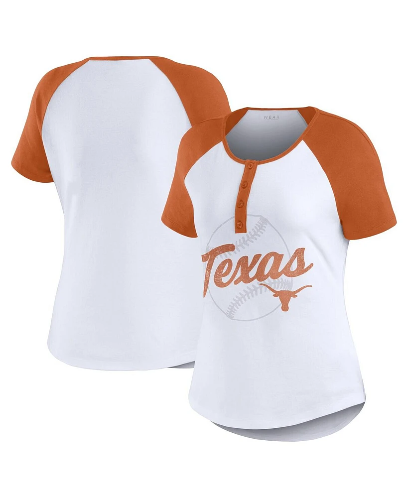 Women's Wear by Erin Andrews White Distressed Texas Longhorns Baseball Logo Raglan Henley T-shirt