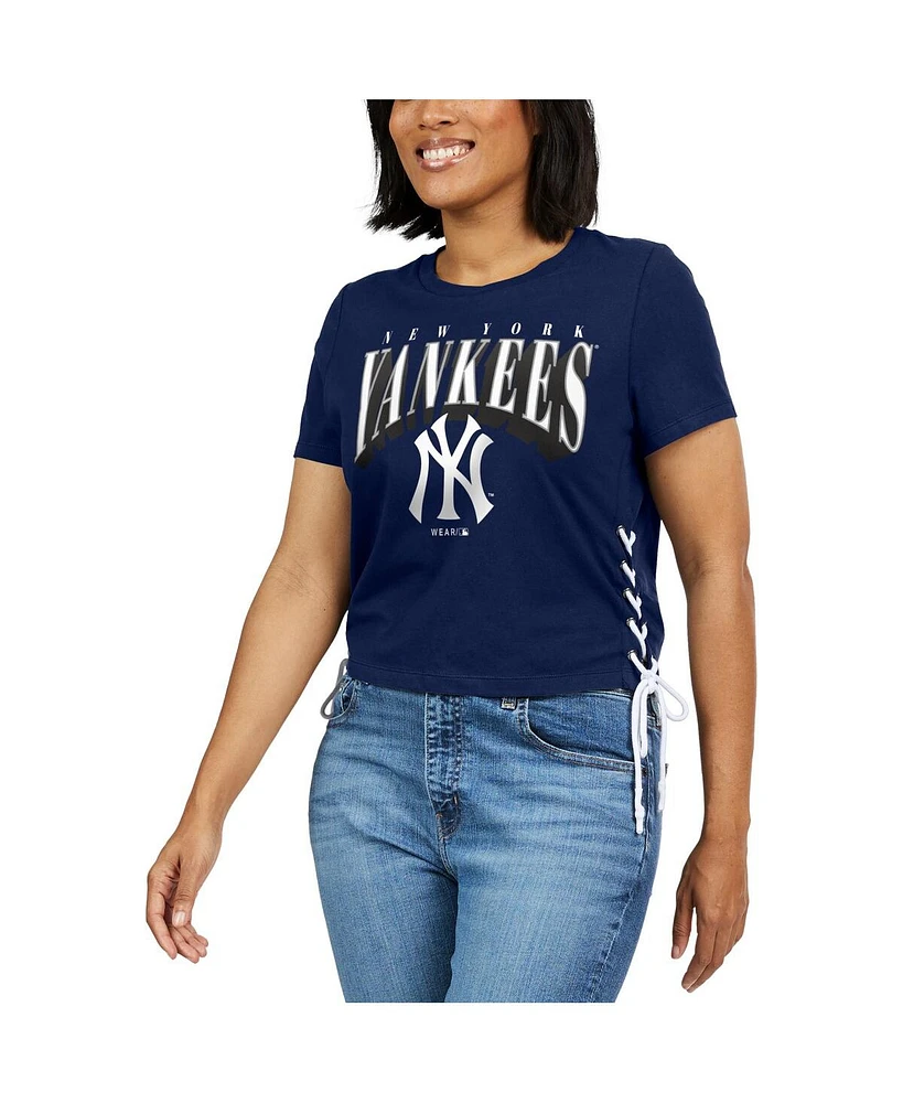 Women's Wear by Erin Andrews Navy New York Yankees Side Lace-Up Cropped T-shirt