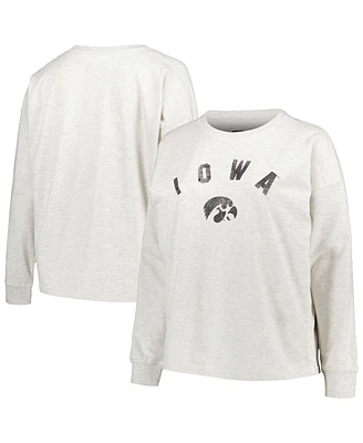 Women's Profile Oatmeal Iowa Hawkeyes Plus Distressed Arch Over Logo Neutral Boxy Pullover Sweatshirt