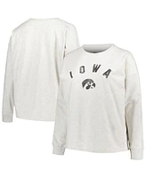 Women's Profile Oatmeal Iowa Hawkeyes Plus Distressed Arch Over Logo Neutral Boxy Pullover Sweatshirt