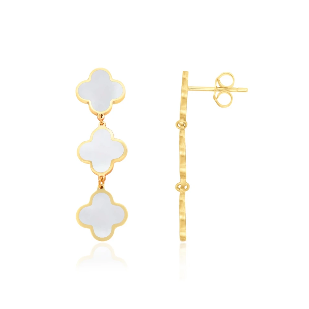 The Lovery Mother of Pearl Clover Dangle Earrings 14K Gold 1.25 inches