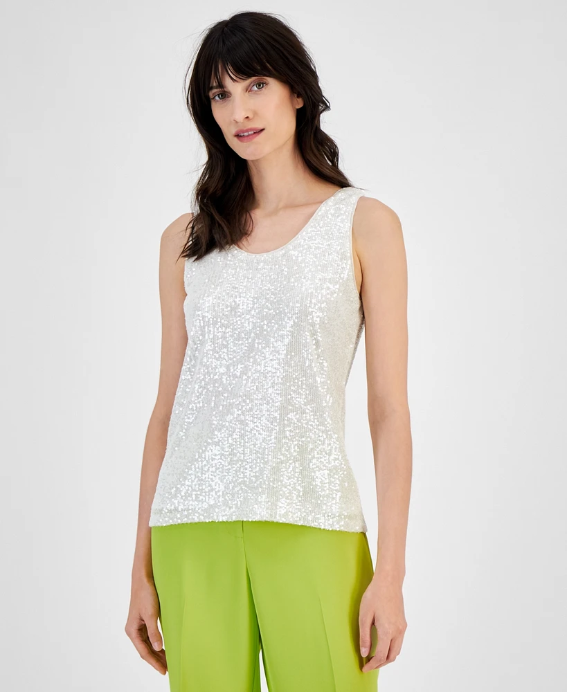 Anne Klein Women's Sequined Mesh Scoop-Neck Tank Top