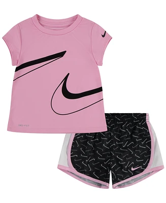 Nike Toddler Girls Dri-fit Swoosh Logo Short Sleeve Tee and Printed Shorts Set