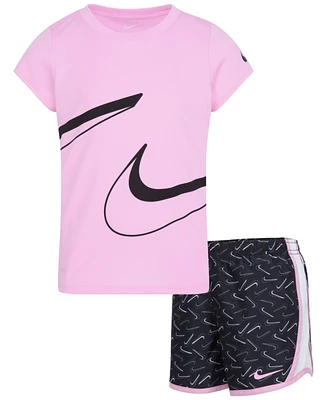 Nike Little Girls Dri-fit Swoosh Logo Short Sleeve Tee and Printed Shorts Set