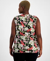 Anne Klein Plus Printed Faux-Wrap Sleeveless Top, Created for Macy's