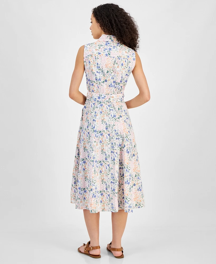 Tommy Hilfiger Women's Floral Print Cotton Belted Sleeveless Shirtdress