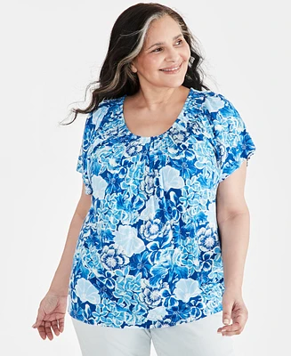 Style & Co Plus Printed Pleat-Neck Flutter-Sleeve Top, Created for Macy's