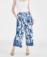 Style & Co Petite Printed Linen Pull On Cropped Drawstring Pants, Created for Macy's