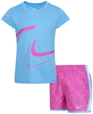 Nike Little Girls Dri-fit Swoosh Logo Short Sleeve Tee and Printed Shorts Set