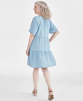 Style & Co Women's Chambray Split-Neck Tiered Dress, Created for Macy's