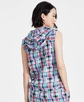 Nautica Jeans Women's Patchwork Plaid Cotton Sleeveless Hooded Top