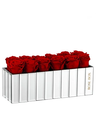 Rose Box Nyc Red Flame Long Lasting Preserved Real Roses in Modern Mirrored Centerpiece Vase, 12 Roses