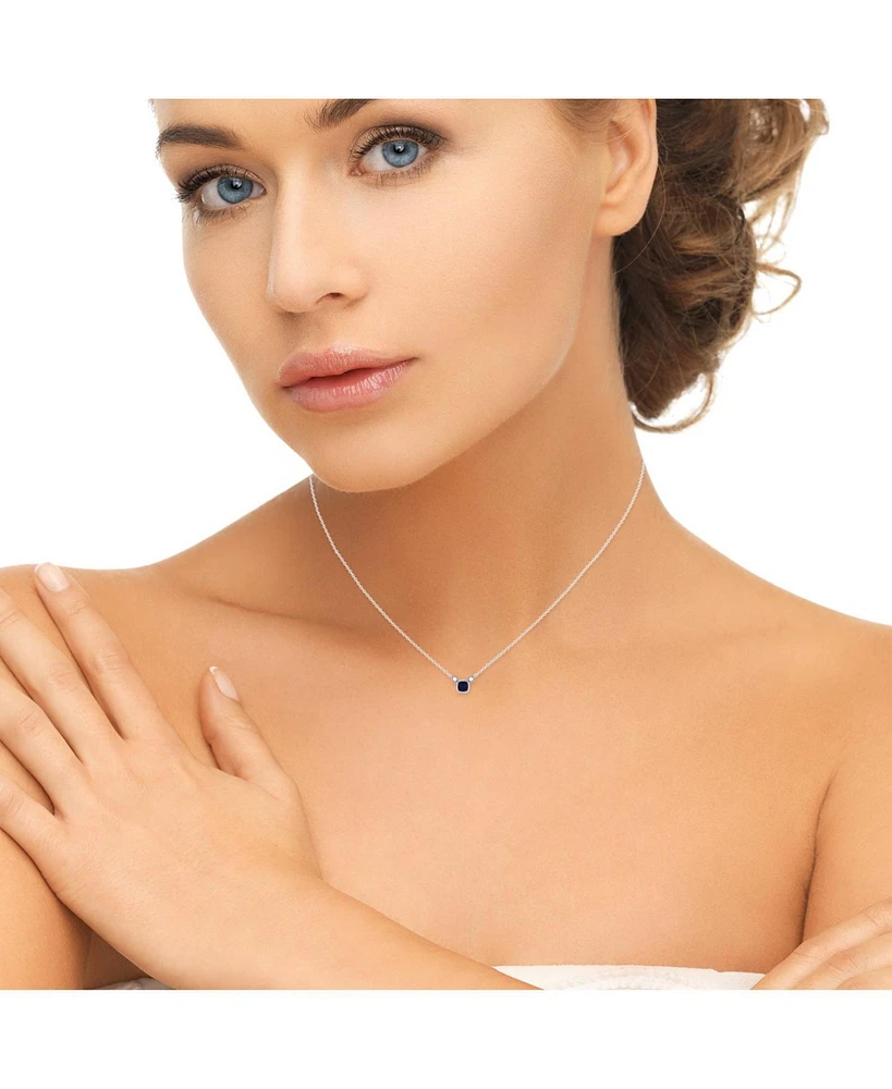 LuvMyJewelry Cushion Cut Sapphire Gemstone, Natural Diamond 14K White Gold Birthstone Necklace