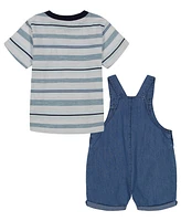 Calvin Klein Baby Boys Chambray Shortalls and Striped Short Sleeve T-shirt Set, 2 piece